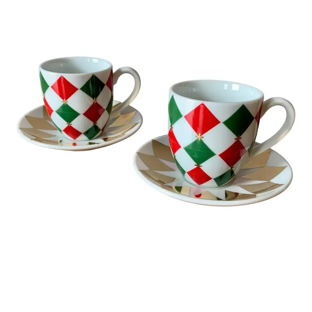 Williams Sonoma Harlequin Cup & Saucer Red Green Gold Demitasse Diamonds 2